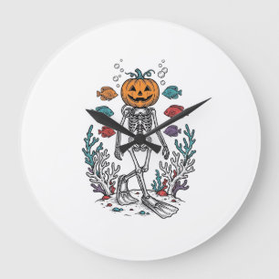 Reloj Redondo Grande Diseño de buzo de esqueleto de calabaza vintage de