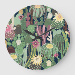 Reloj Redondo Grande Diseño de Cactus Retro: Textura De Tela Sin Marea