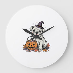 Reloj Redondo Grande Diseño de calabaza de bulldog de Halloween grabado