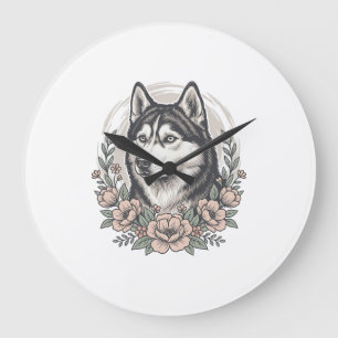 Reloj Redondo Grande Diseño de camisa de retrato floral Husky Vintage_1