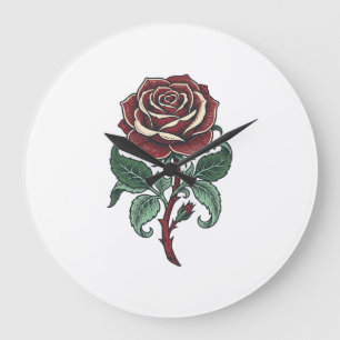 Reloj Redondo Grande Diseño de camisa floral de rosa grabada vintage_1