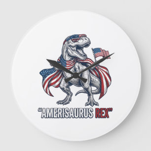Reloj Redondo Grande Diseño de camiseta blanca Patriótico T-Rex Amerisa