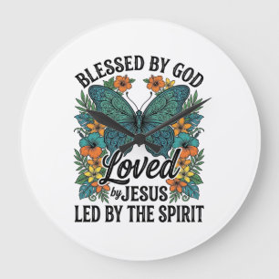 Reloj Redondo Grande Diseño de camiseta cristiana de mariposa bendita (