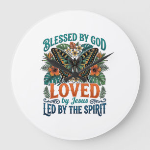 Reloj Redondo Grande Diseño de camiseta cristiana de mariposa bendita_1