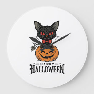 Reloj Redondo Grande Diseño de camiseta de calabaza de gato negro de Ha