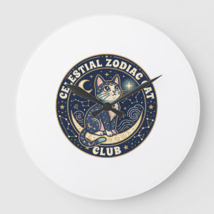 Reloj Redondo Grande Diseño de camiseta de gato zodiacal celestial - Ce