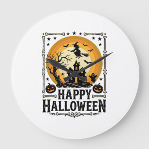 Reloj Redondo Grande Diseño de camiseta de luna de bruja feliz Hallowee