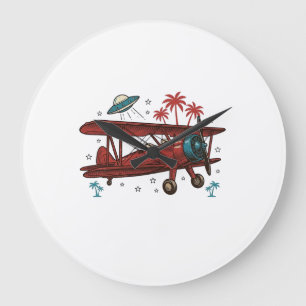 Reloj Redondo Grande Diseño de camiseta de viaje tropical ovni biplano
