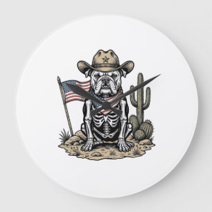 Reloj Redondo Grande Diseño de camiseta patriota de perro esqueleto vaq