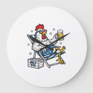 Reloj Redondo Grande Diseño de camiseta patriótica de cerveza de pollo 