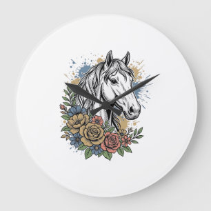 Reloj Redondo Grande Diseño de camiseta vectorial floral de caballo gra