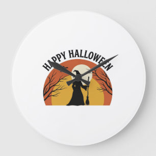 Reloj Redondo Grande Diseño de camiseta vintage bruja feliz Halloween_1