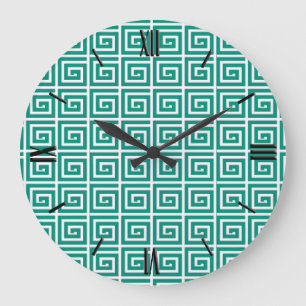 Reloj Redondo Grande Diseño de clave griega - blanco y verde azulado