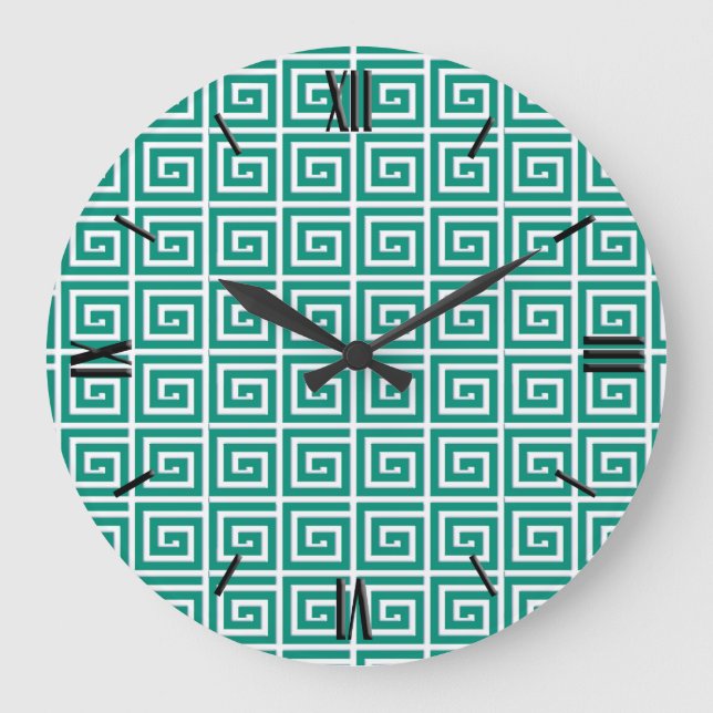 Reloj Redondo Grande Diseño de clave griega - blanco y verde azulado (Anverso)