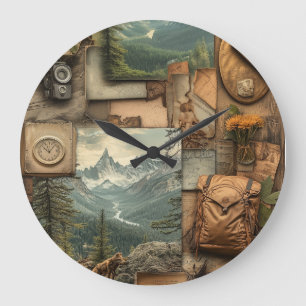 Reloj Redondo Grande Diseño de collage de estilo de senderismo