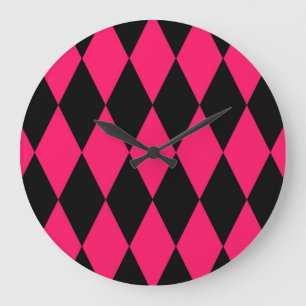 Reloj Redondo Grande Diseño de cuadros de diamantes arlequín negro rosa