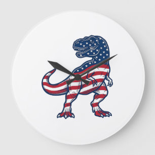 Reloj Redondo Grande Diseño de dinosaurio T-Rex patriótico bandera amer