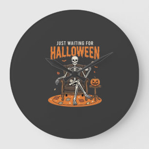 Reloj Redondo Grande Diseño de esqueleto solo esperando Halloween_1