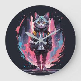 Reloj Redondo Grande Diseño de felino estilizado