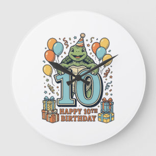 Reloj Redondo Grande Diseño de fiesta vintage de cumpleaños 10 de tortu