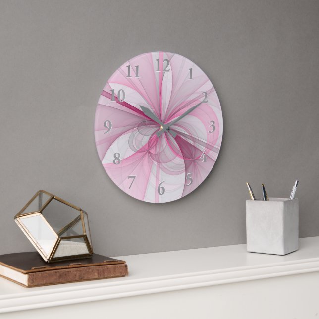 Reloj Redondo Grande Diseño de fractal gris rosa claro abstracto modern (Oficina)