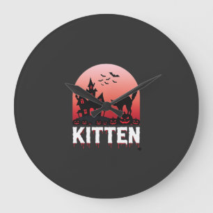 Reloj Redondo Grande Diseño de gatito de Halloween Casa Embrujada Gato_