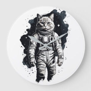 Reloj Redondo Grande Diseño de gato astronauta de tinta negra