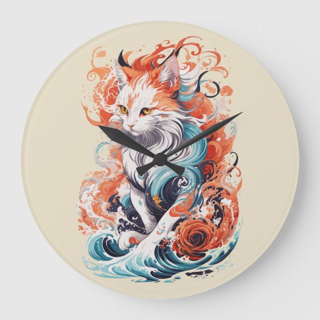 Reloj Redondo Grande Diseño de gato lindo en estilo neo tradicional (Anverso)