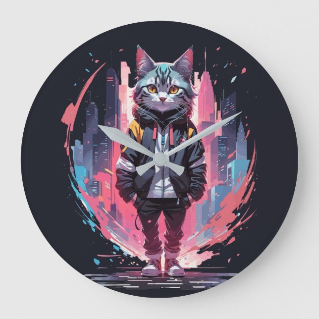 Reloj Redondo Grande Diseño de gato lindo y elegante (Anverso)