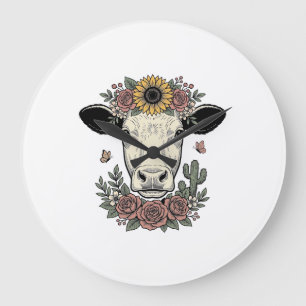 Reloj Redondo Grande diseño de grabado vintage de cabeza de vaca floral