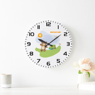 Reloj Redondo Grande Diseño de guardería de bienvenida al bebé con oso 