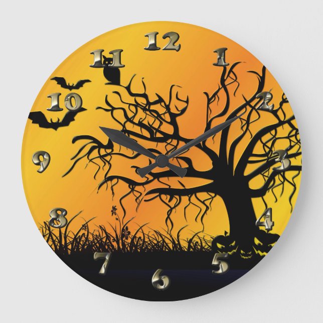 Reloj Redondo Grande Diseño de Halloween con murciélagos, árboles y cal (Anverso)