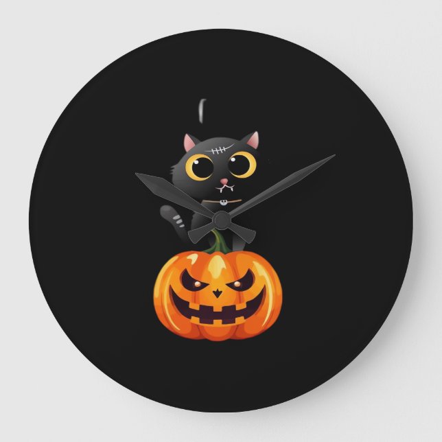 Reloj Redondo Grande Diseño de Halloween para Gatos Negros - Arte espel (Anverso)