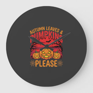 Reloj Redondo Grande Diseño de hojas de otoño y calabazas de Halloween