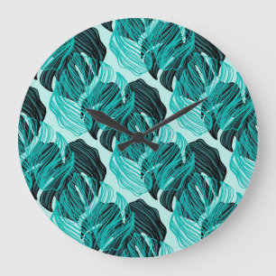 Reloj Redondo Grande Diseño de hojas de palmera tropicales verdes.