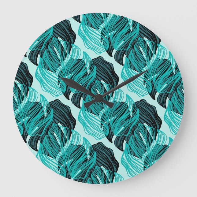 Reloj Redondo Grande Diseño de hojas de palmera tropicales verdes. (Anverso)