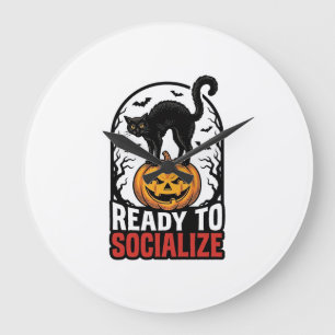 Reloj Redondo Grande Diseño de humor de fiesta espeluznante de gato de