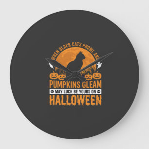 Reloj Redondo Grande Diseño de Luna de Calabaza de Gato Negro de Hallow