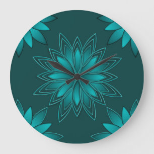 Reloj Redondo Grande Diseño de Mandala de Hoja Verde Azulada sobre Cian