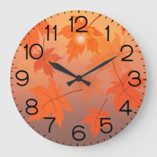 Reloj Redondo Grande Diseño de otoño con hojas de arce y efecto bokeh