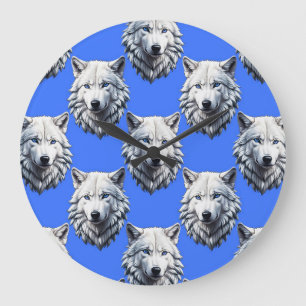 Reloj Redondo Grande Diseño de patrón de cabeza de lobo blanco azul