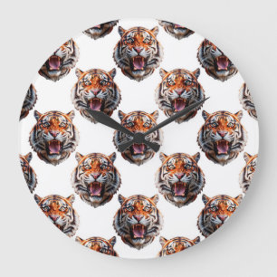 Reloj Redondo Grande Diseño de patrón de cabeza de tigre - Blanco