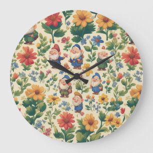 Reloj Redondo Grande Diseño de patrón de flores de gnomo