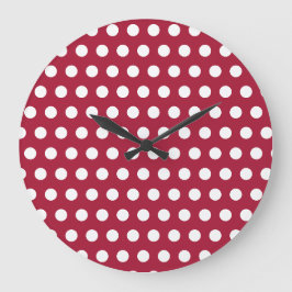 Reloj Redondo Grande Diseño de Patrón de Lunares Blancos Rojo Frambuesa