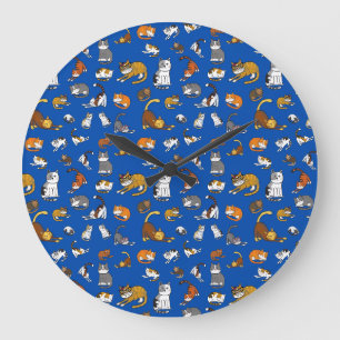 Reloj Redondo Grande diseño de patrones de gato lindo azul para los ama