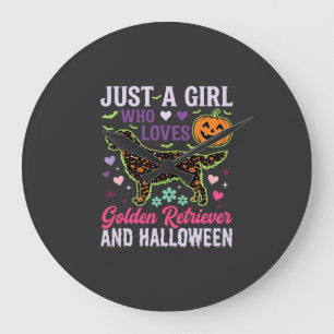Reloj Redondo Grande Diseño de perro calabaza niña de Halloween Retriev