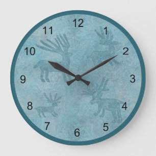 Reloj Redondo Grande Diseño de Petrograbado de Ciervo Turquesa del Suro