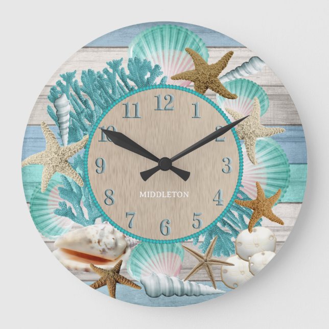 Reloj Redondo Grande Diseño de Playa Tropical (Anverso)