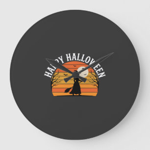 Reloj Redondo Grande Diseño de puesta de sol de bruja de Halloween feli