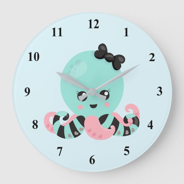 Reloj Redondo Grande Diseño de pulpos de arte kawaii (Anverso)